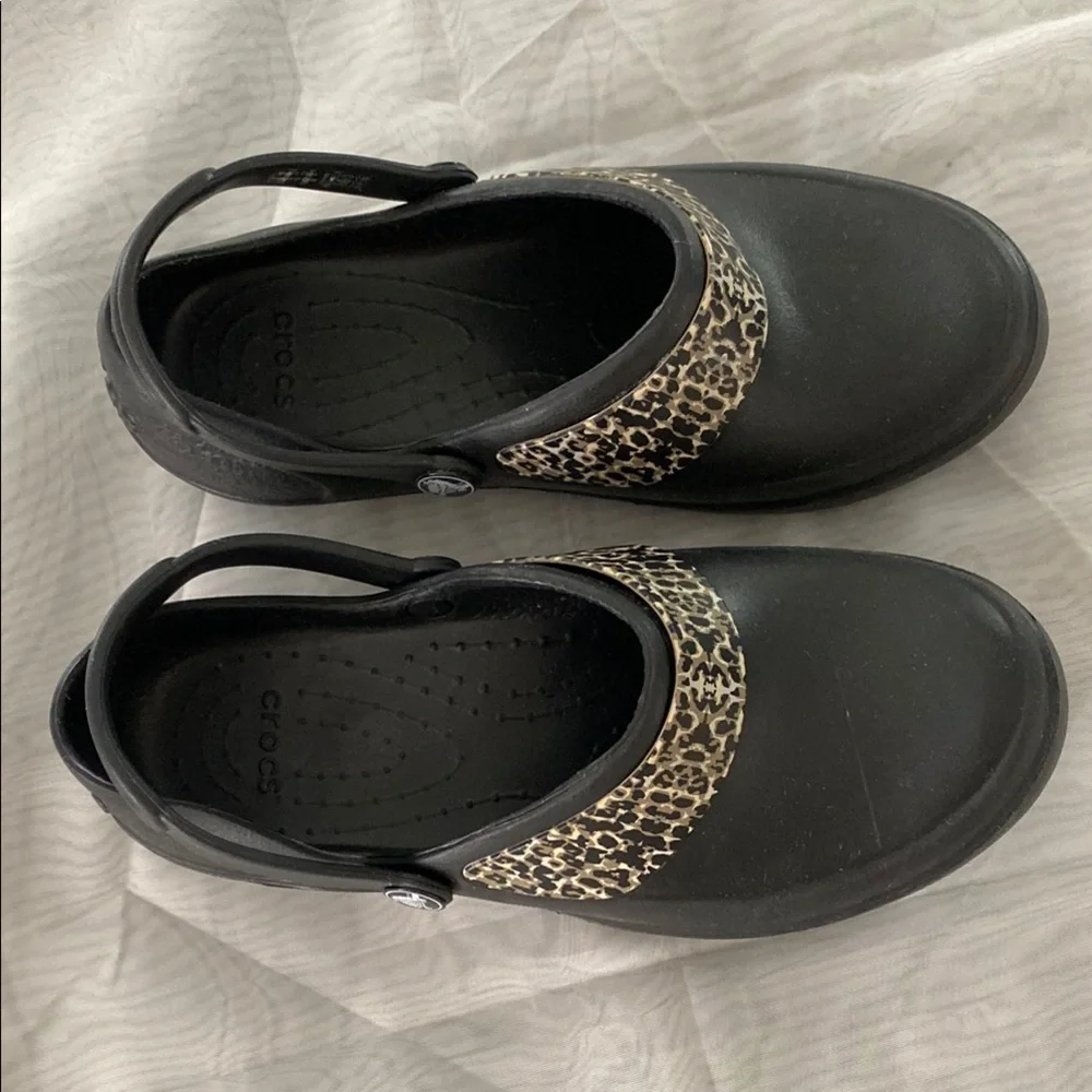 CROCS Black and Leopard Print Sandals
